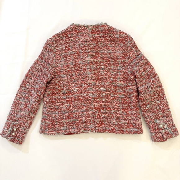 Zara Woman Red Pink Tweed Boucle Jacket Blazer M Pearl Button Frayed Blogger - Picture 5 of 16